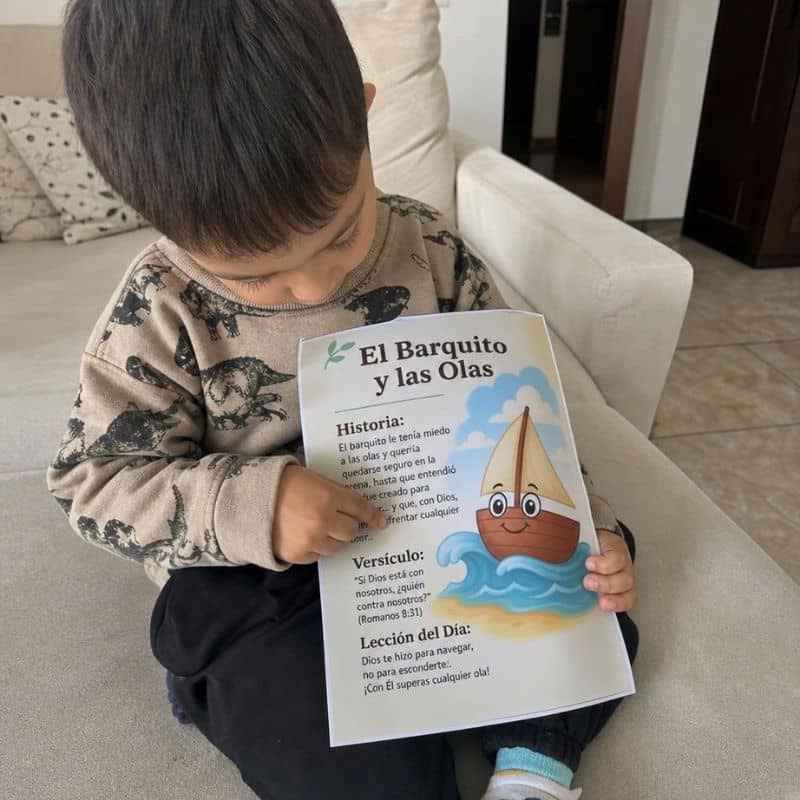 Mamá leyendo parábolas con su hijo
